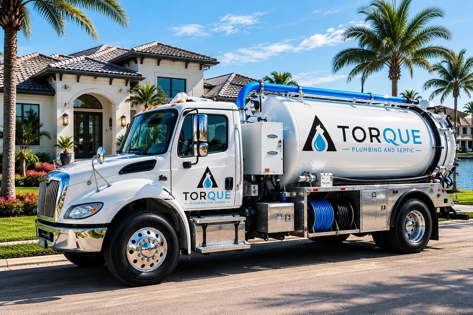 Torque Plumbing and Septic service truck on a Southwest Florida job site.